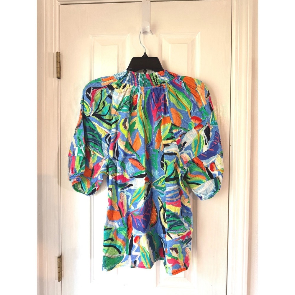 NIC+ZOE Island Beat Top Blue Multi Tropical Floral Smocked Cotton Blouse Medium - Picture 5 of 5